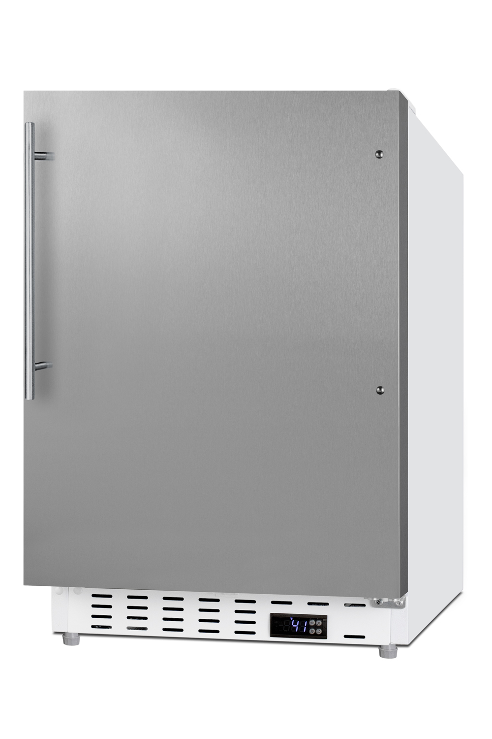 Built-in undercounter ADA compliant residential all-refrigerator in white with stainless steel door, vertical handle, with door storage and automatic defrost operation